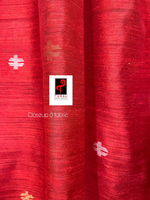 Red with white alpona motifs handwoven jamdani saree in matka silk - Tamal Boutique