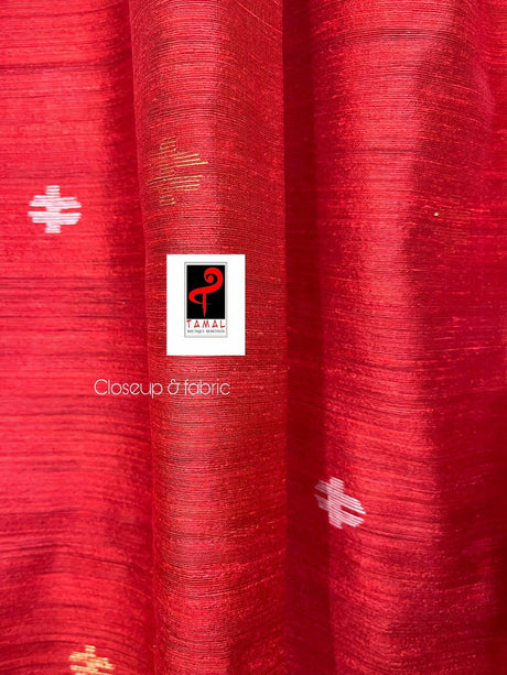 Red with white alpona motifs handwoven jamdani saree in matka silk - Tamal Boutique