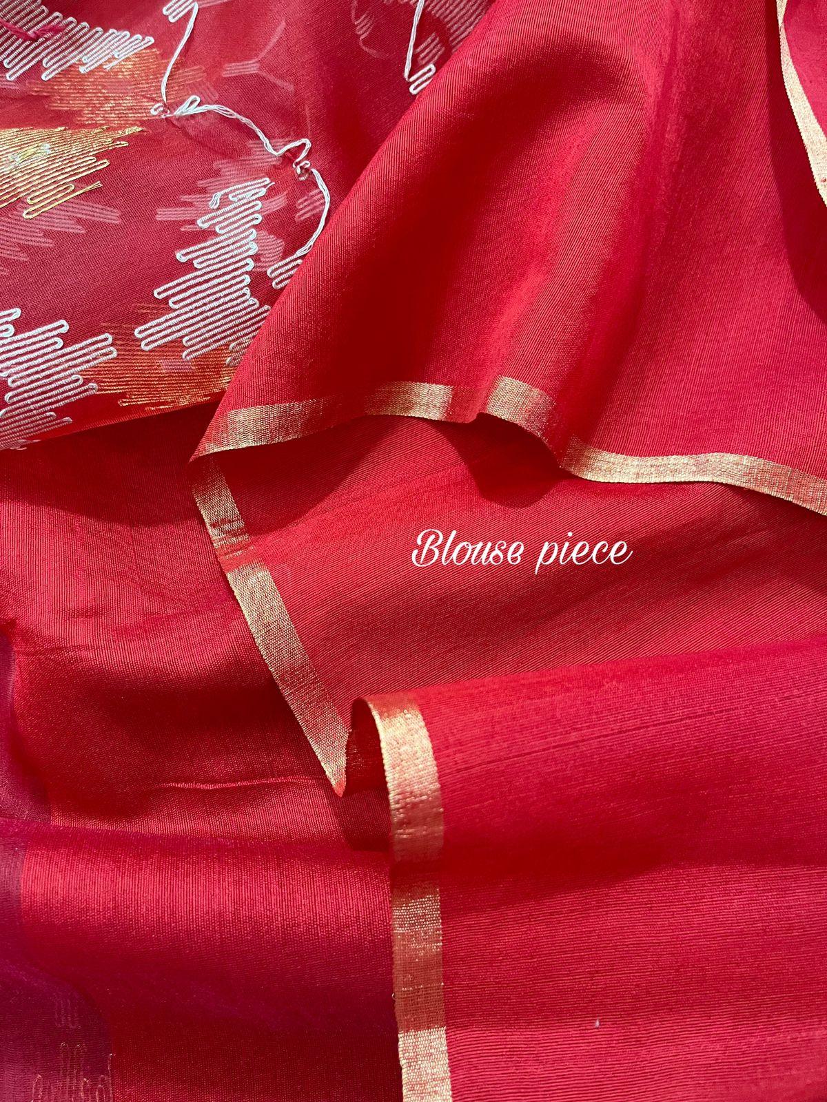 Red with golden border organza silk traditonal handwoven jamdani saree - Tamal Boutique