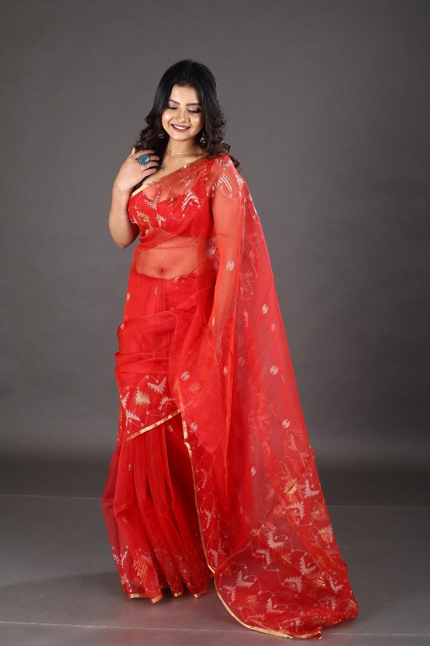 Red with golden border organza silk traditonal handwoven jamdani saree - Tamal Boutique