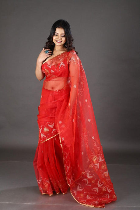 Red with golden border organza silk traditonal handwoven jamdani saree - Tamal Boutique