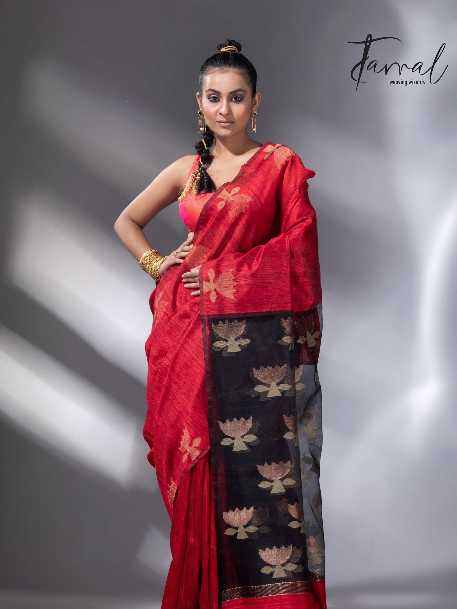 Red with black golden lotus matka silk handwoven jamdani saree - Tamal Boutique