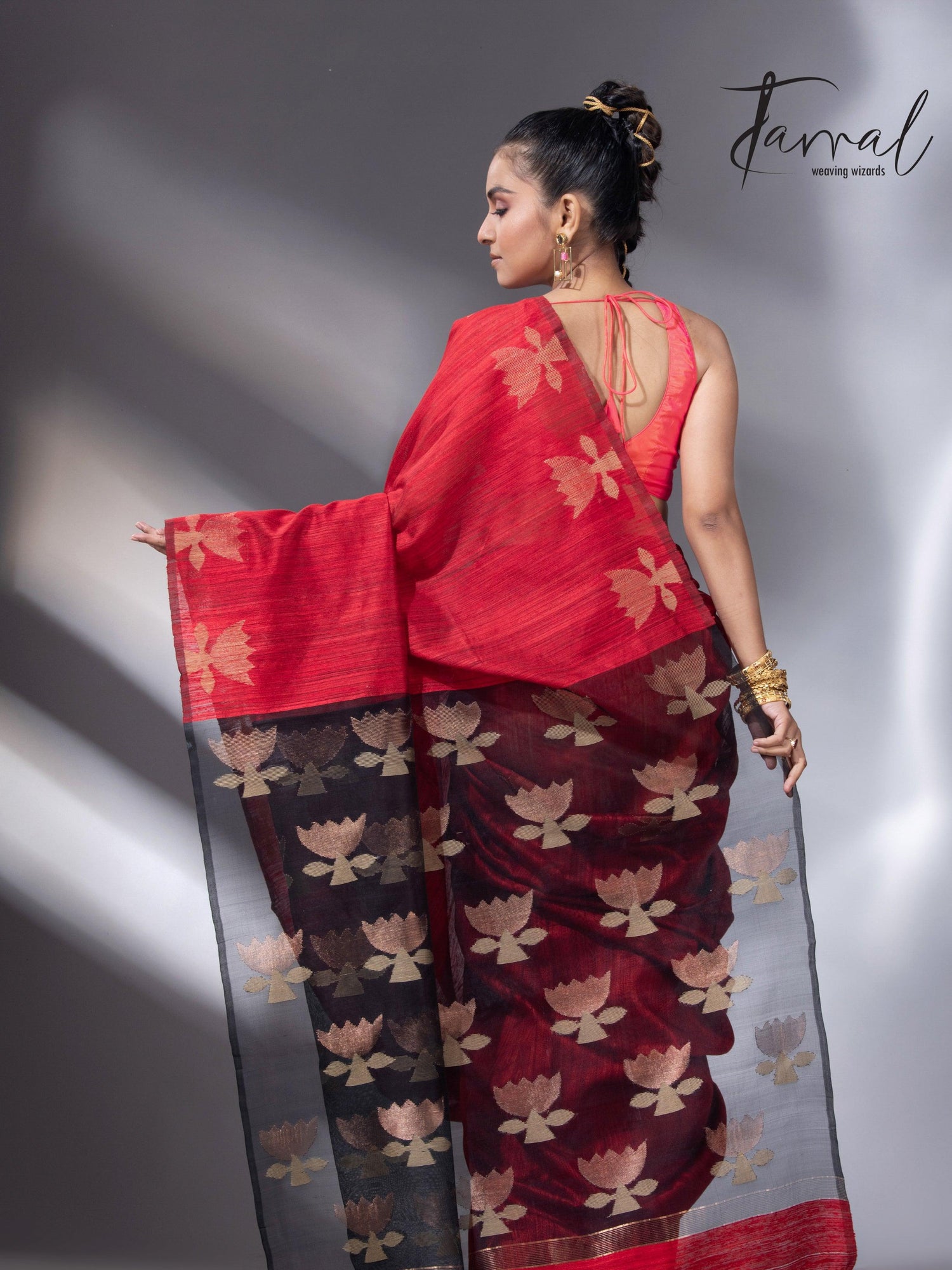 Red with black golden lotus matka silk handwoven jamdani saree - Tamal Boutique