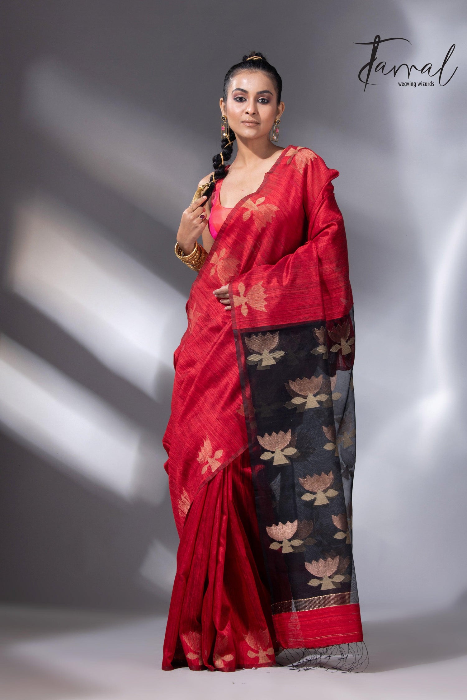 Red with black golden lotus matka silk handwoven jamdani saree - Tamal Boutique