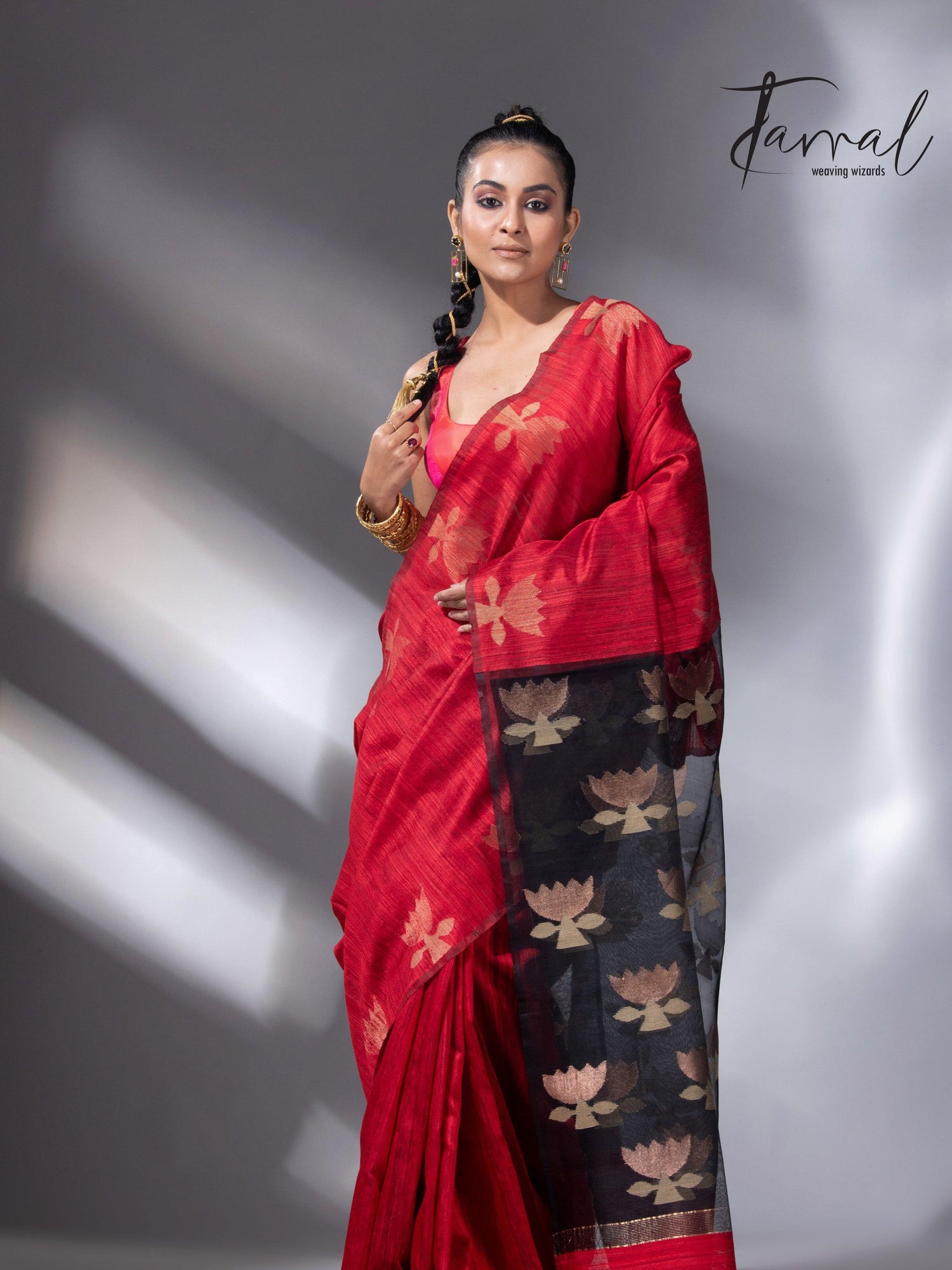 Red with black golden lotus matka silk handwoven jamdani saree - Tamal Boutique