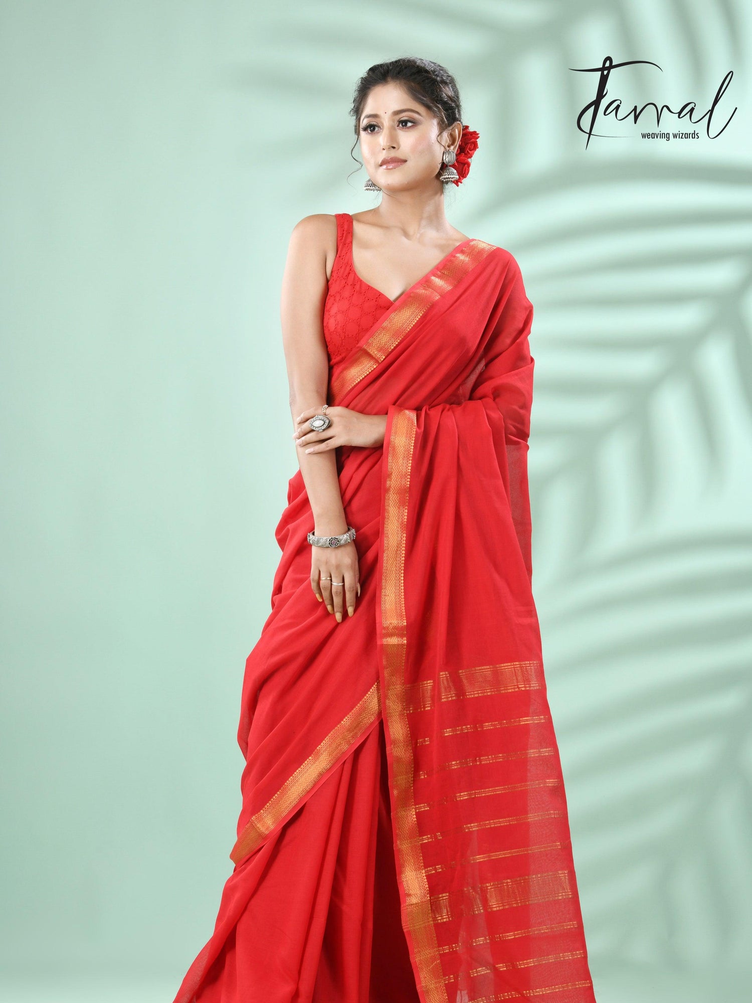 Red with golden zari border pure mul cotton handloom saree