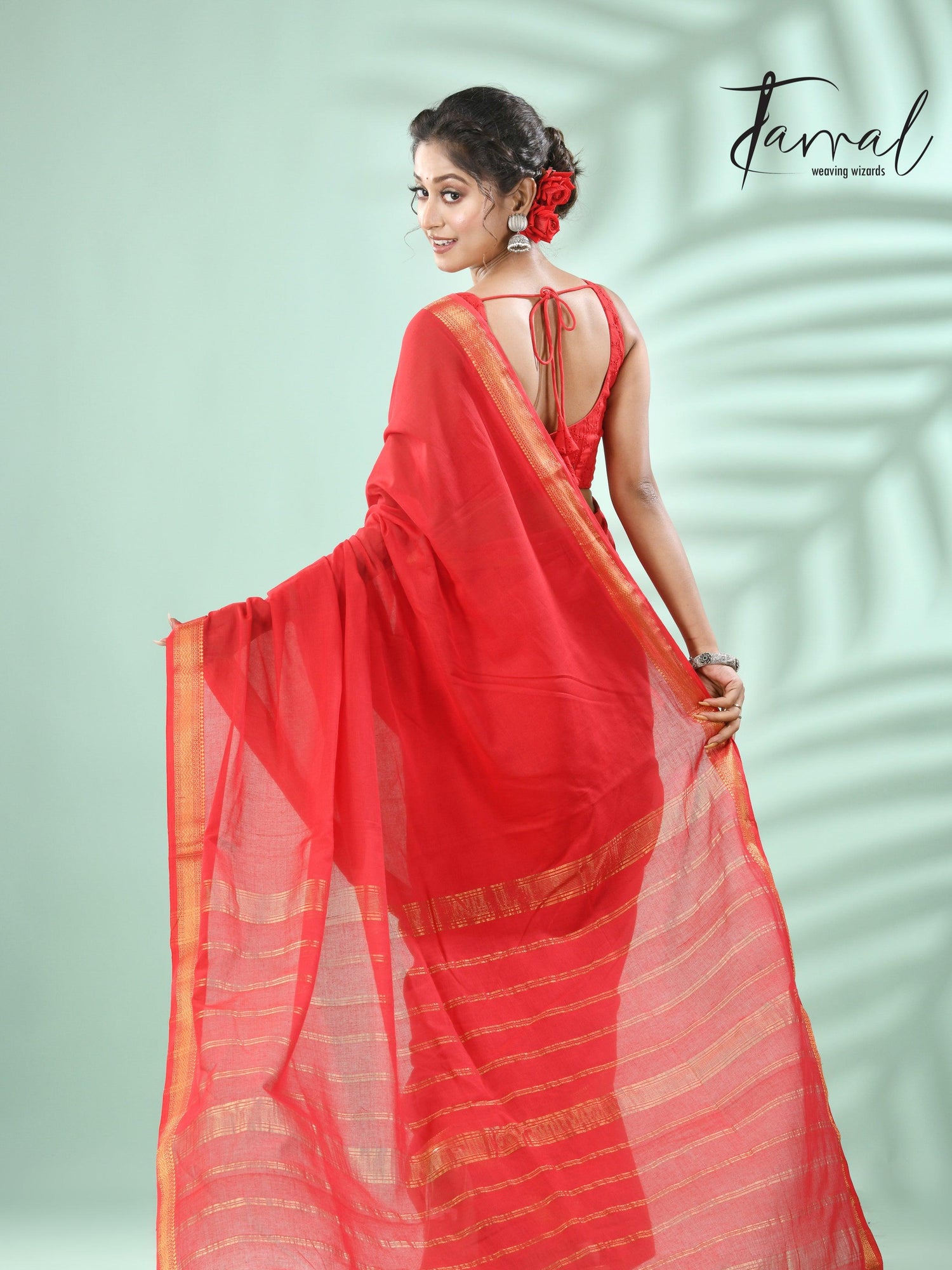 Red with golden zari border pure mul cotton handloom saree