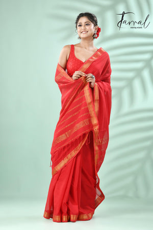 Red with golden zari border pure mul cotton handloom saree