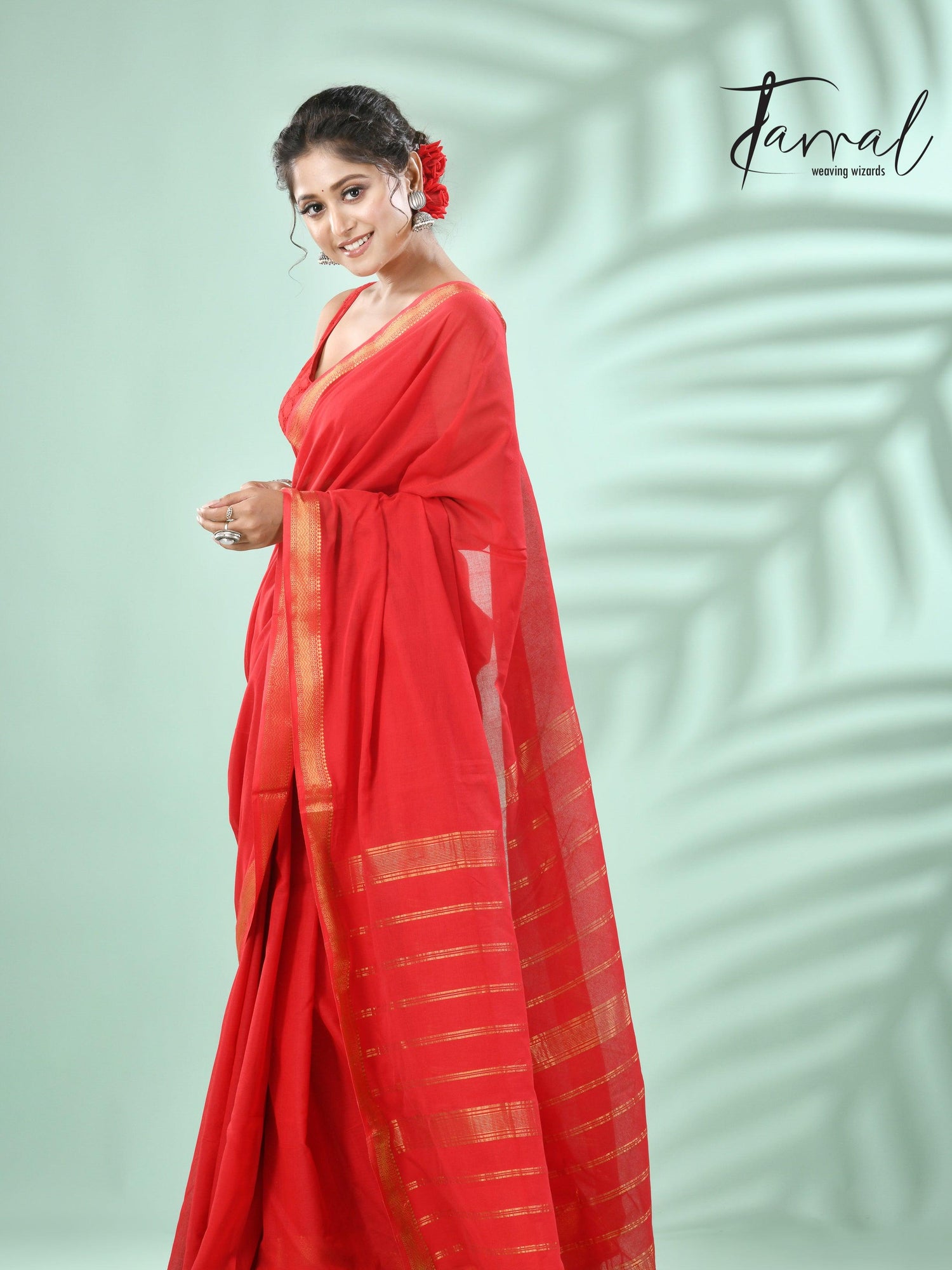 Red with golden zari border pure mul cotton handloom saree