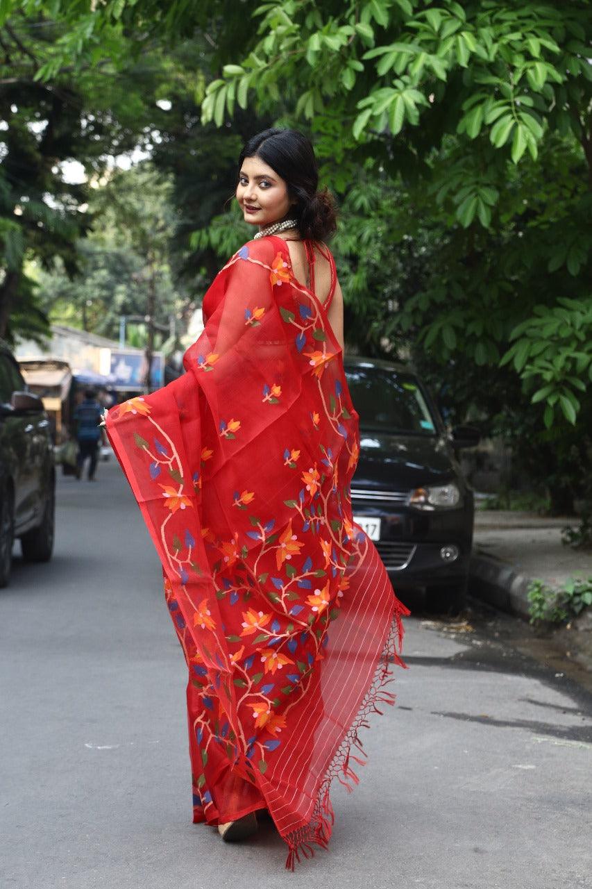Red with multi colour muslin silk handwoven jamdani saree - Tamal Boutique