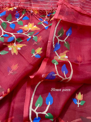 Red with multi colour muslin silk handwoven jamdani saree - Tamal Boutique
