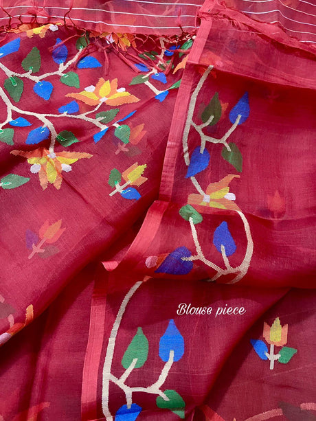 Red with multi colour muslin silk handwoven jamdani saree - Tamal Boutique