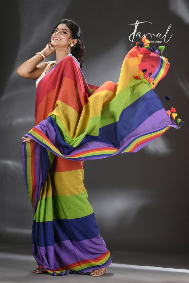 Red with multicolour pure mul cotton handloom saree