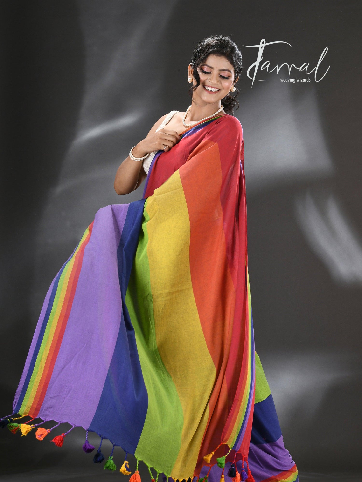 Red with multicolour pure mul cotton handloom saree