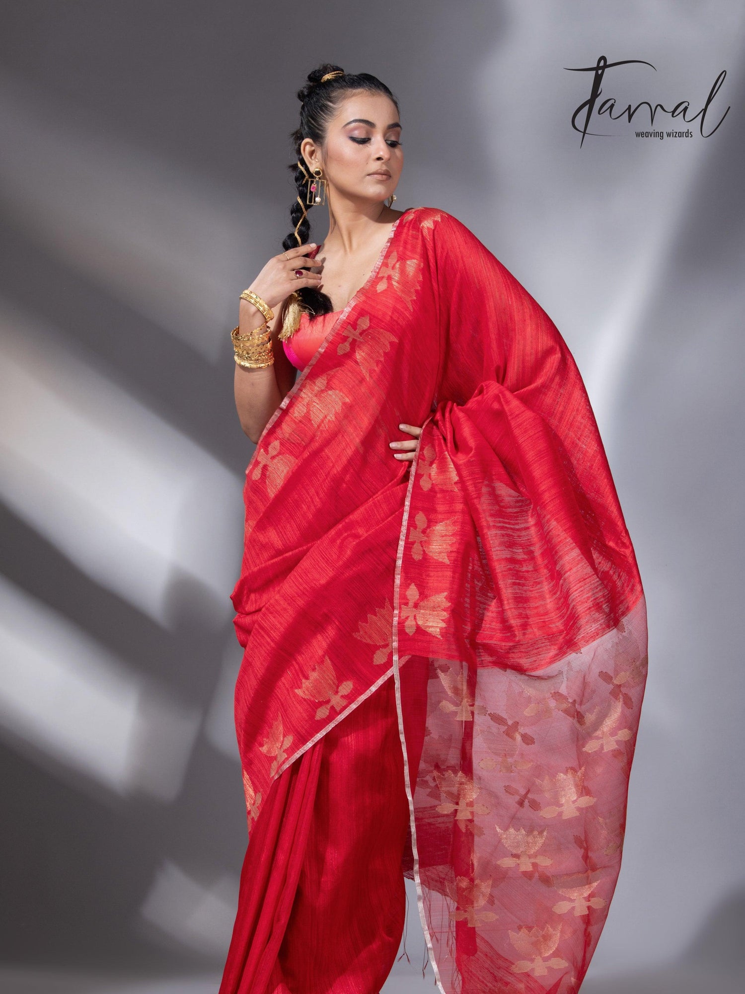 Red with silver zari border golden lotus matka silk handwoven jamdani saree - Tamal Boutique