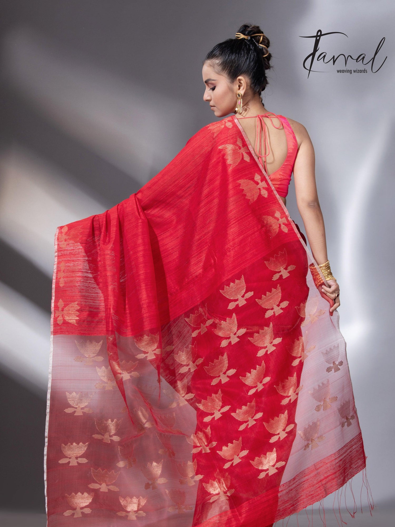 Red with silver zari border golden lotus matka silk handwoven jamdani saree - Tamal Boutique