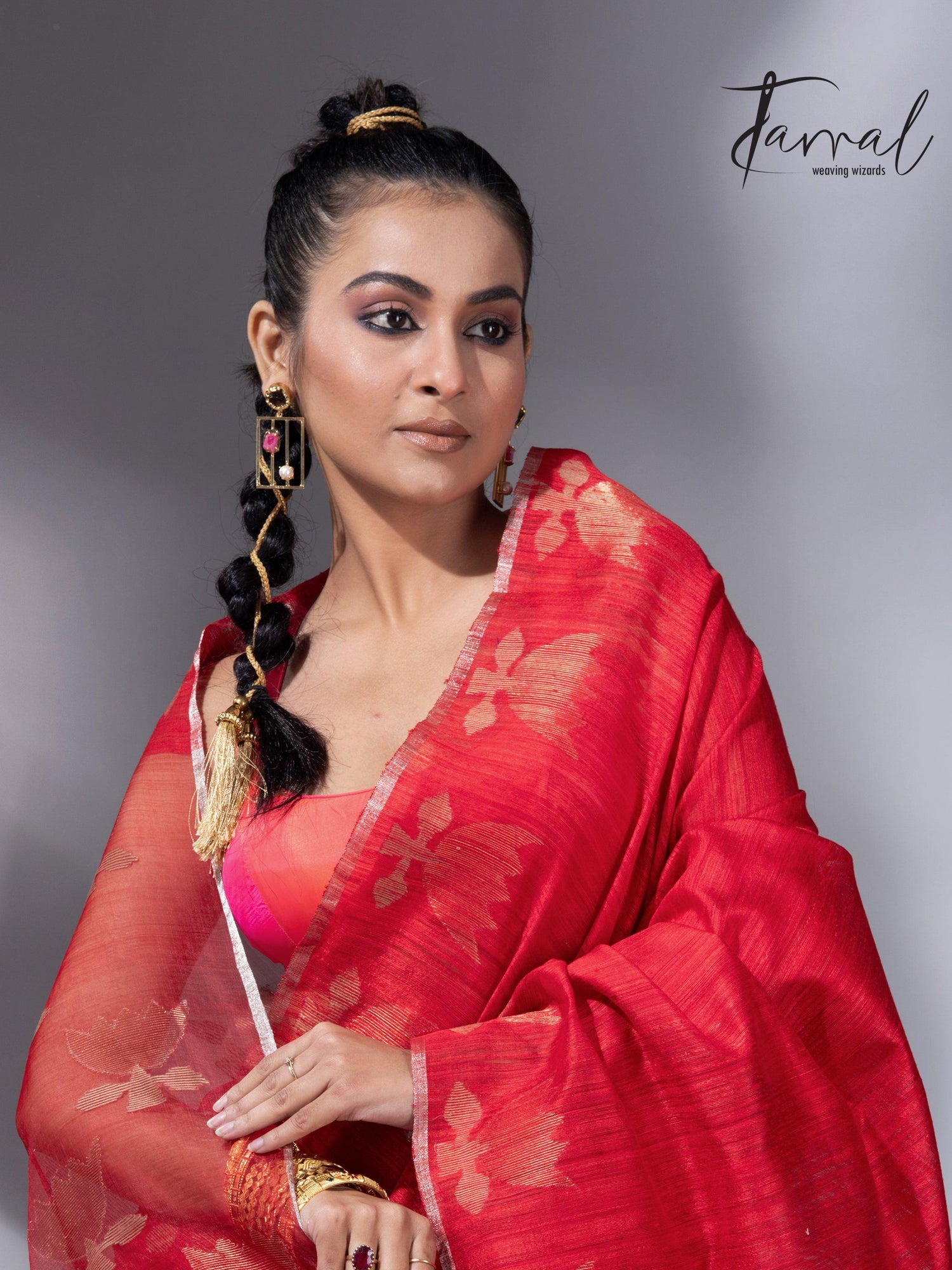 Red with silver zari border golden lotus matka silk handwoven jamdani saree - Tamal Boutique