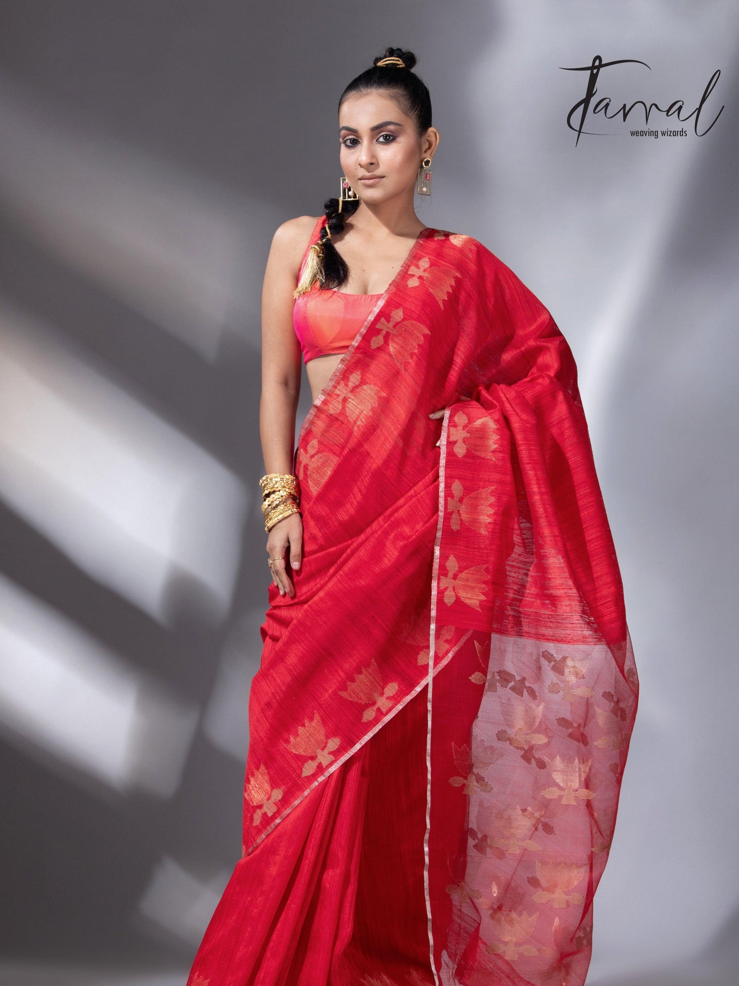 Red with silver zari border golden lotus matka silk handwoven jamdani saree - Tamal Boutique