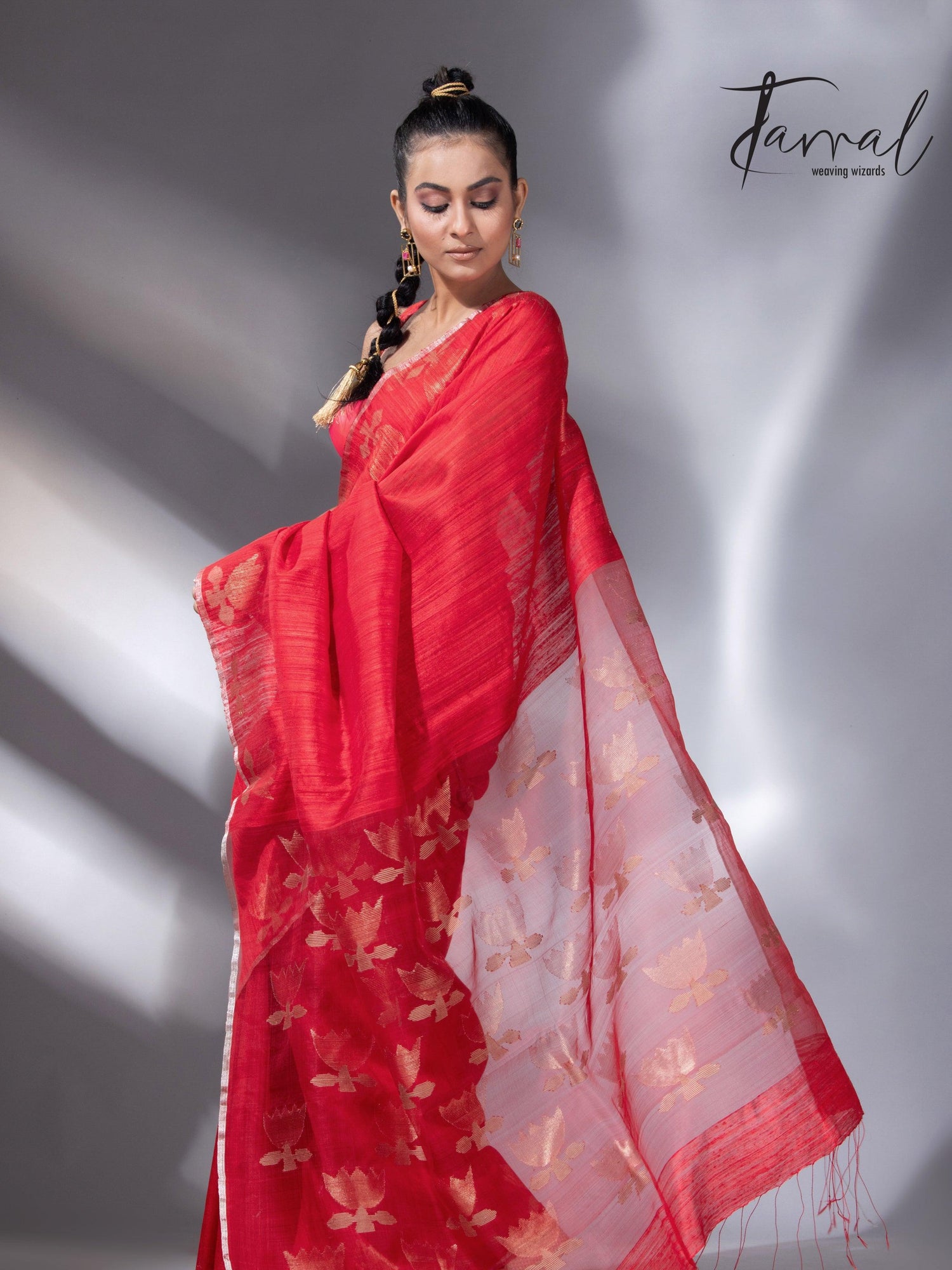 Red with silver zari border golden lotus matka silk handwoven jamdani saree - Tamal Boutique