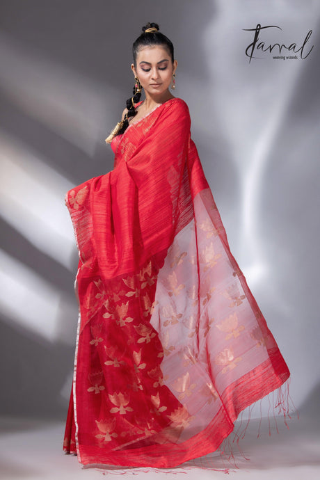 Red with silver zari border golden lotus matka silk handwoven jamdani saree - Tamal Boutique