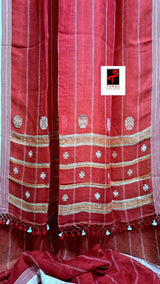 Red white white border line handwoven jamdani saree - Tamal Boutique