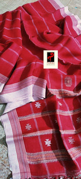 Red white white border line handwoven jamdani saree - Tamal Boutique