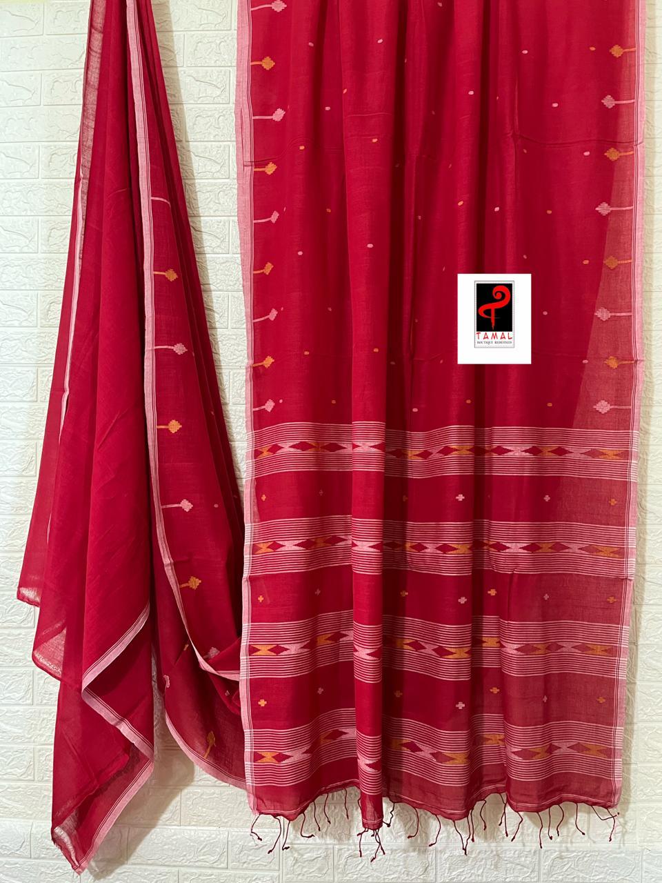 Red with white border pure cotton handwoven jamdani saree