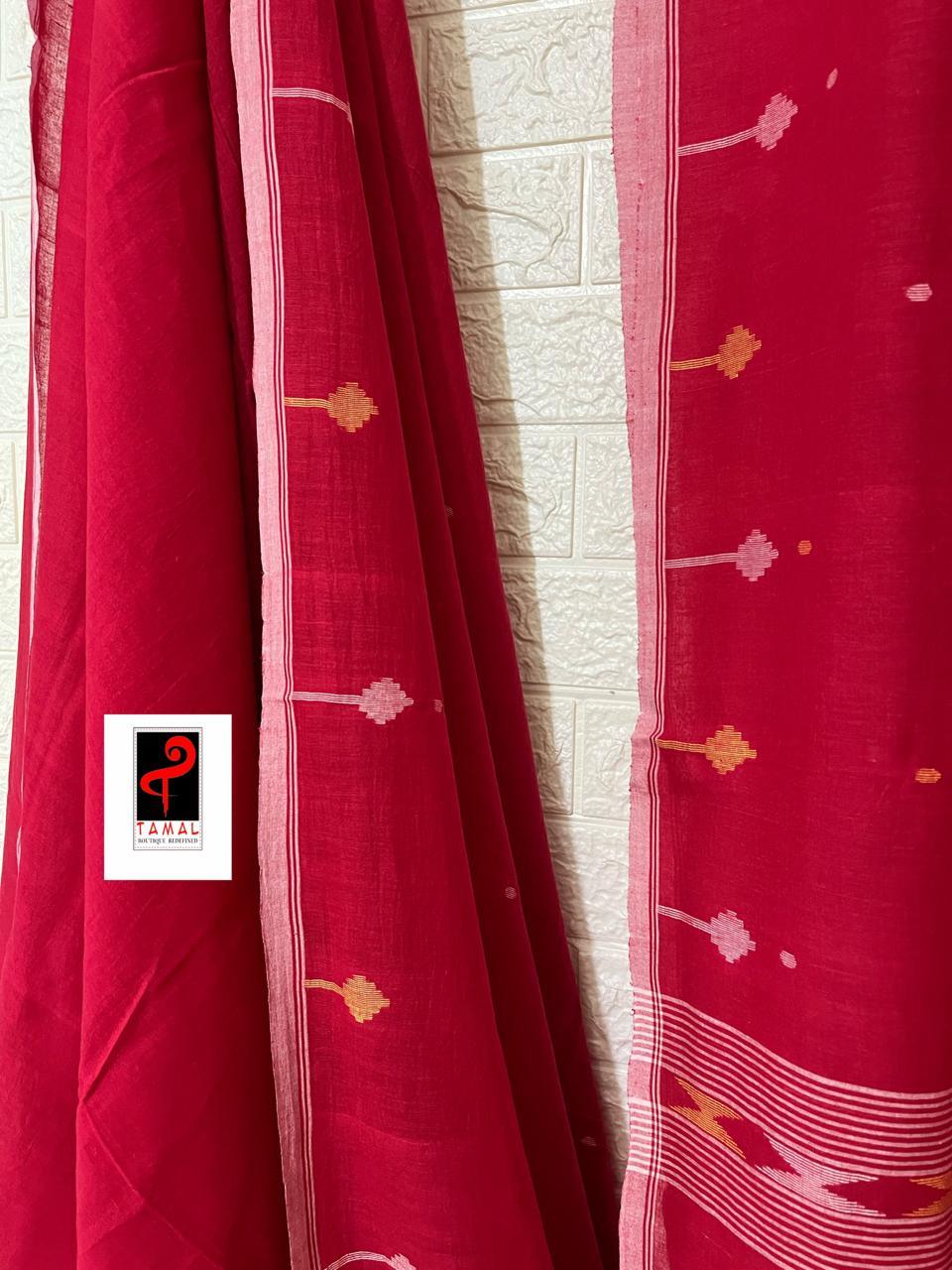 Red with white border pure cotton handwoven jamdani saree