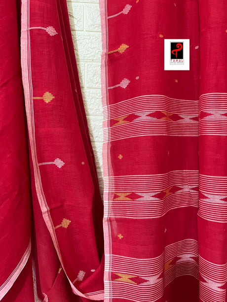 Red with white border pure cotton handwoven jamdani saree