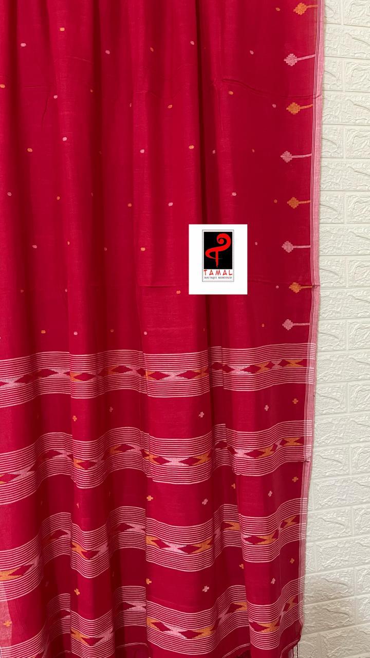 Red with white border pure cotton handwoven jamdani saree