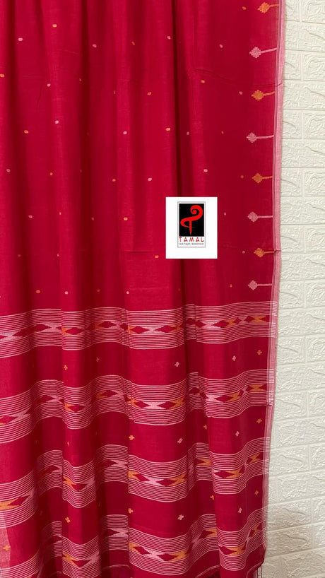 Red with white border pure cotton handwoven jamdani saree