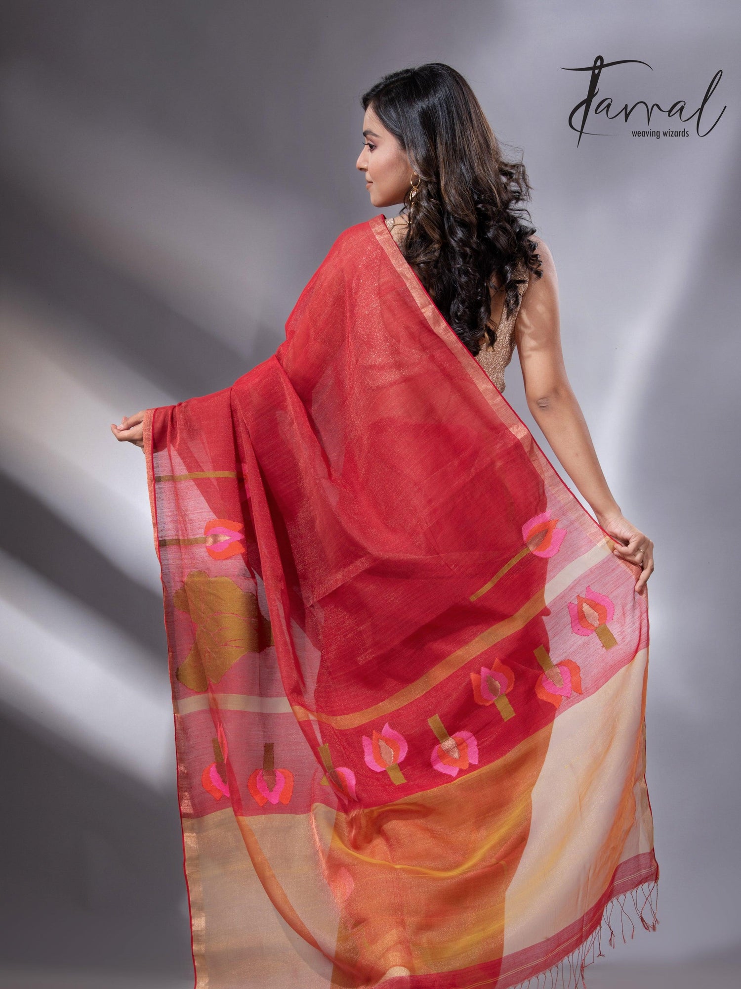 Red with zari border tissue silk linen lotus handwoven jamdani saree - Tamal Boutique
