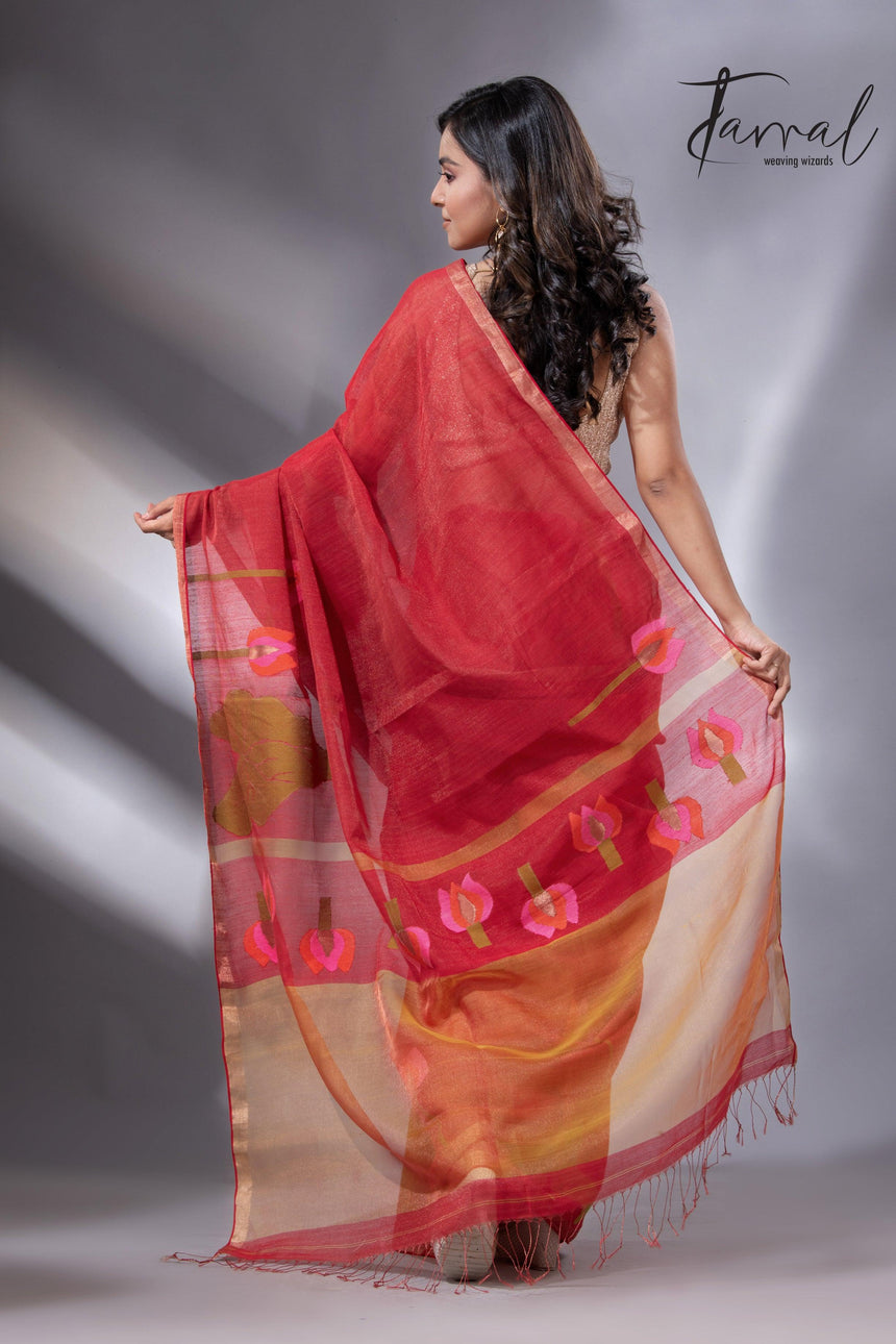 Red with zari border tissue silk linen lotus handwoven jamdani saree - Tamal Boutique