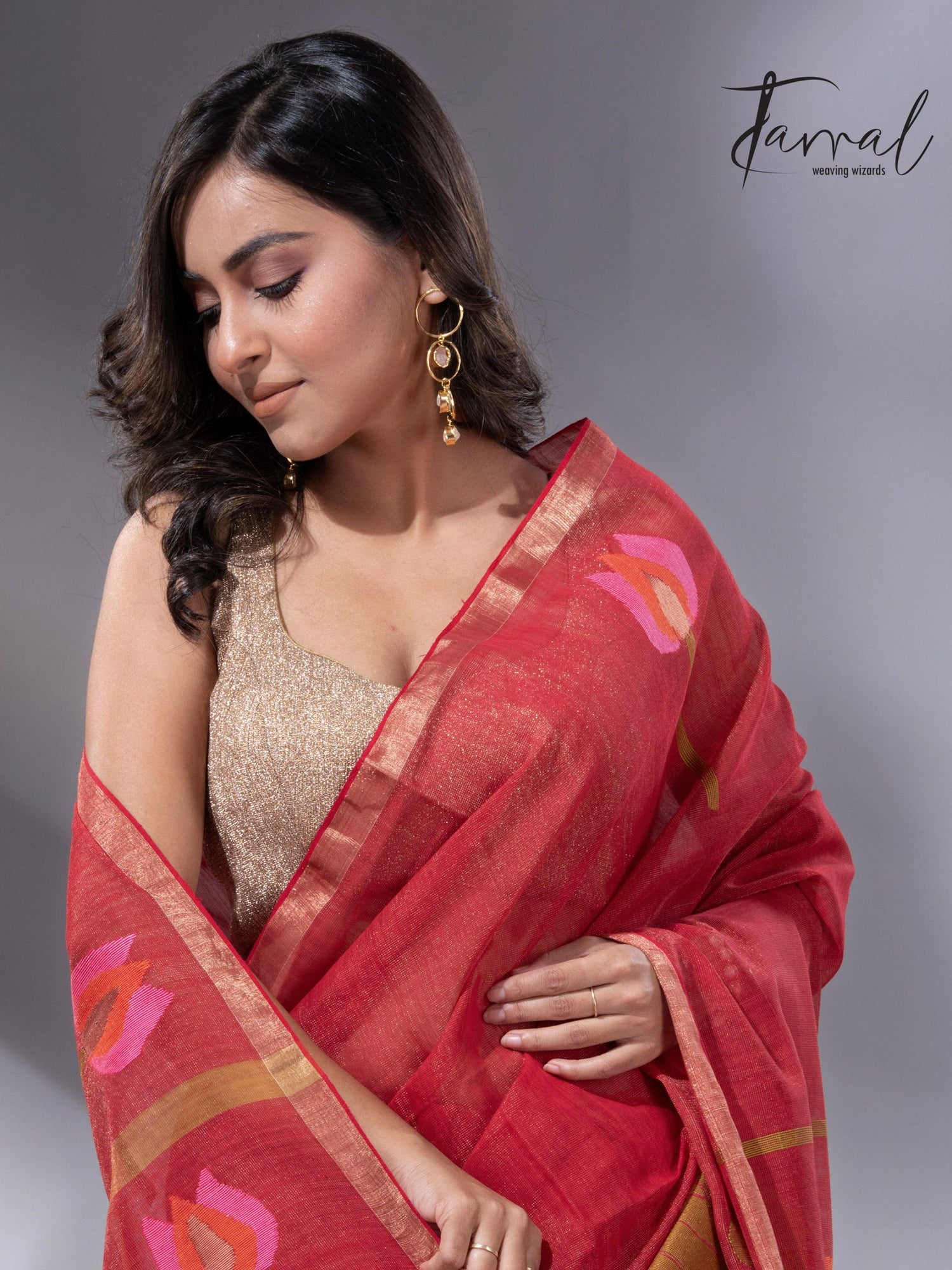 Red with zari border tissue silk linen lotus handwoven jamdani saree - Tamal Boutique