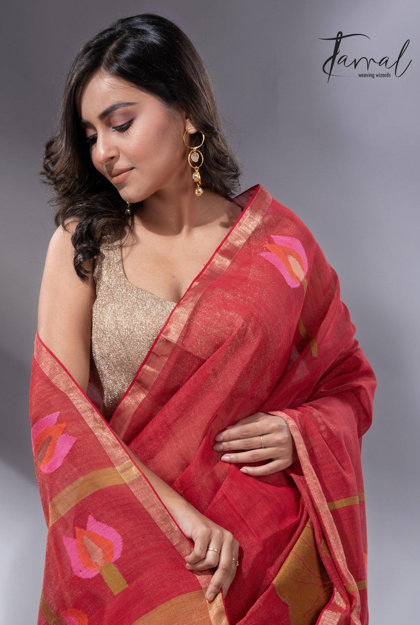 Red with zari border tissue silk linen lotus handwoven jamdani saree - Tamal Boutique