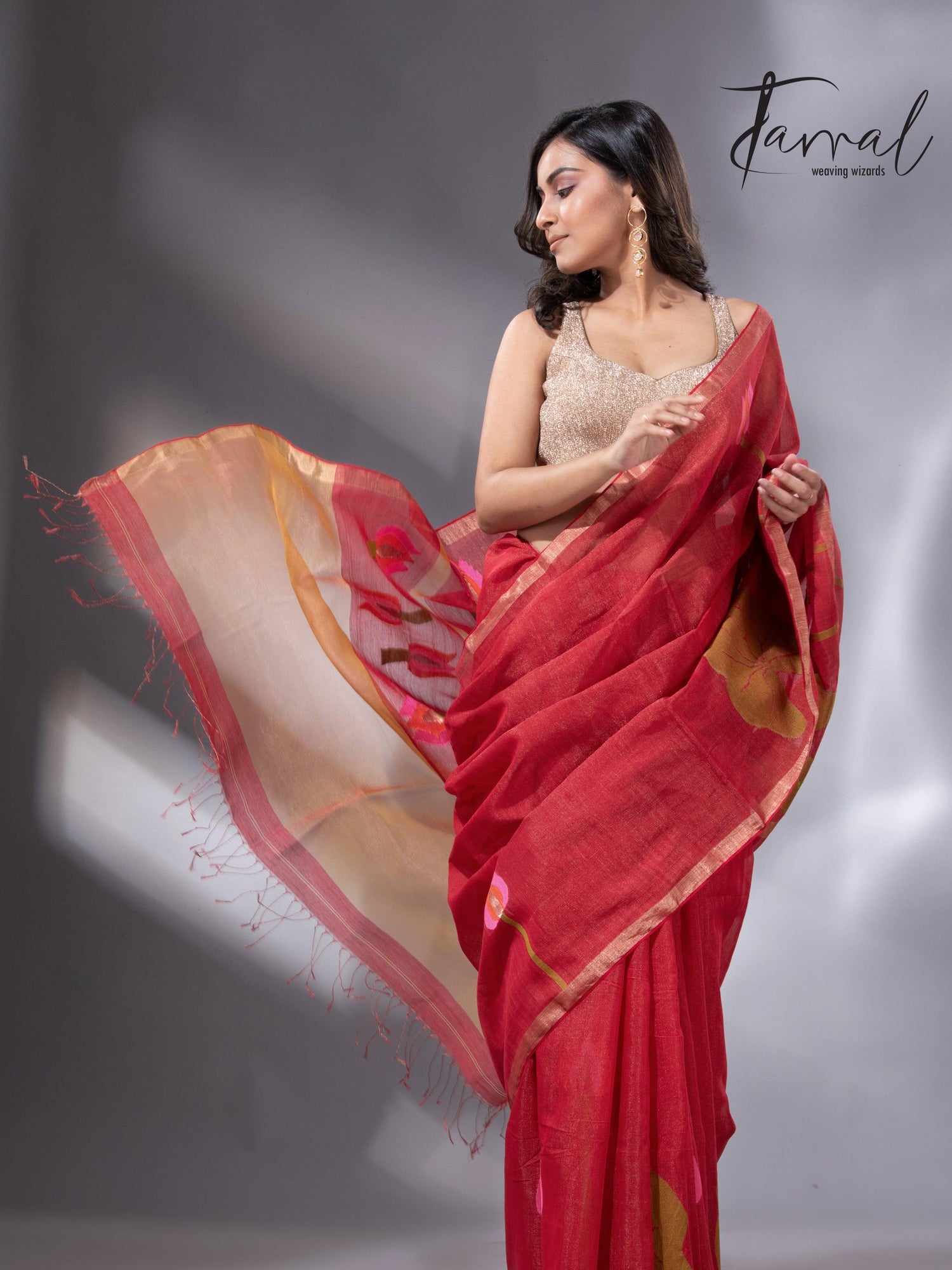 Red with zari border tissue silk linen lotus handwoven jamdani saree - Tamal Boutique