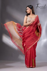 Red with zari border tissue silk linen lotus handwoven jamdani saree - Tamal Boutique