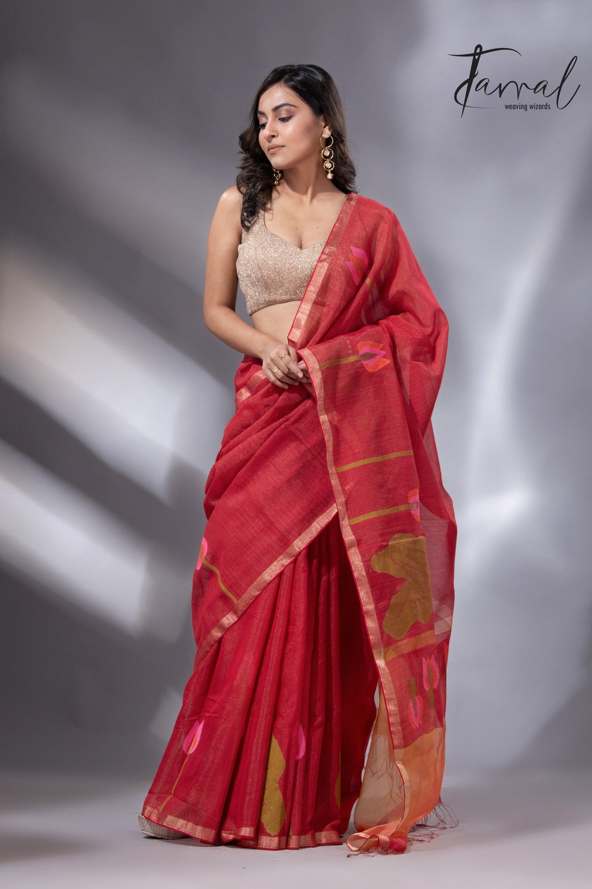 Red with zari border tissue silk linen lotus handwoven jamdani saree - Tamal Boutique
