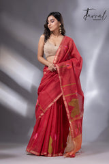 Red with zari border tissue silk linen lotus handwoven jamdani saree - Tamal Boutique