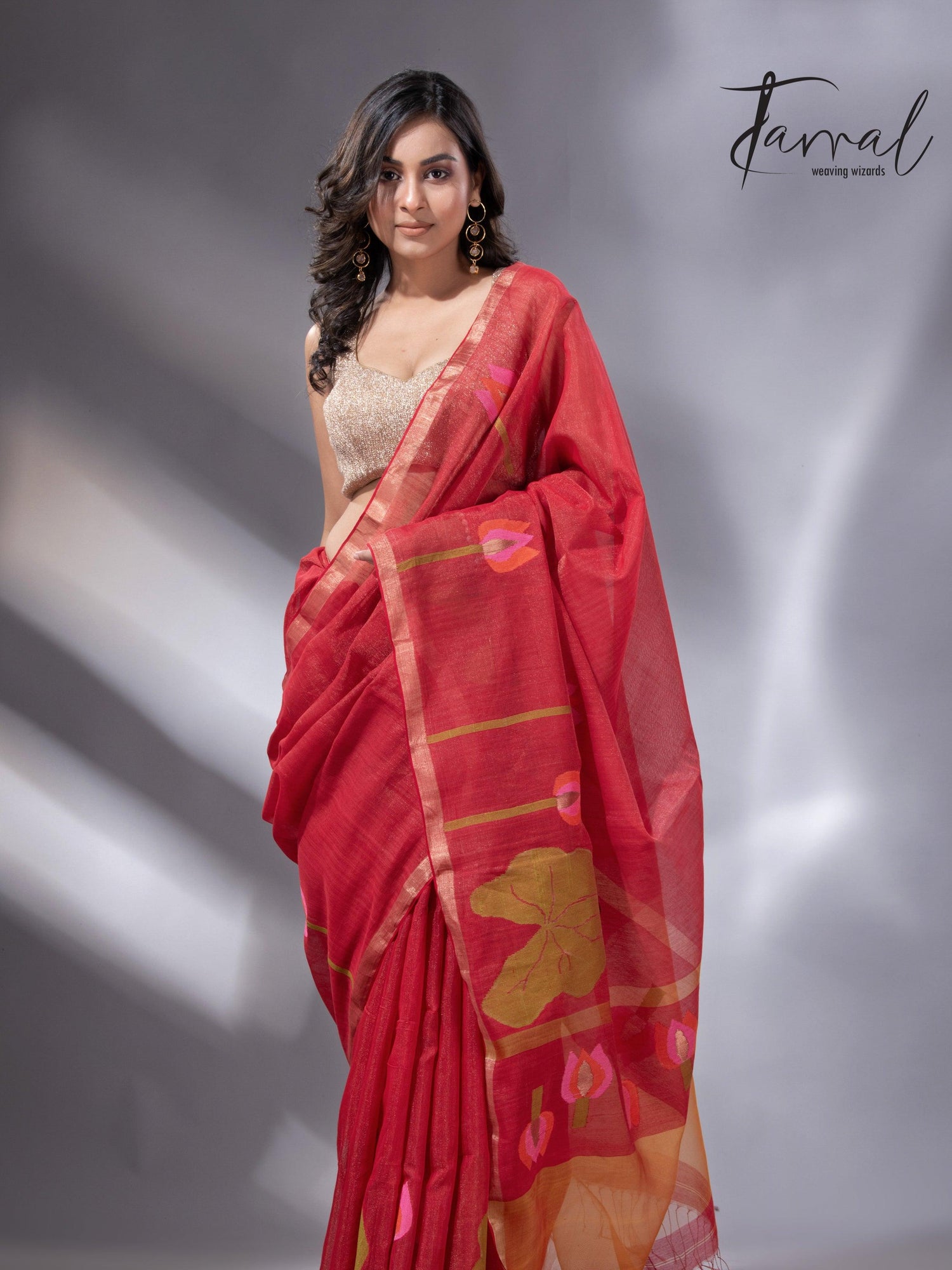 Red with zari border tissue silk linen lotus handwoven jamdani saree - Tamal Boutique