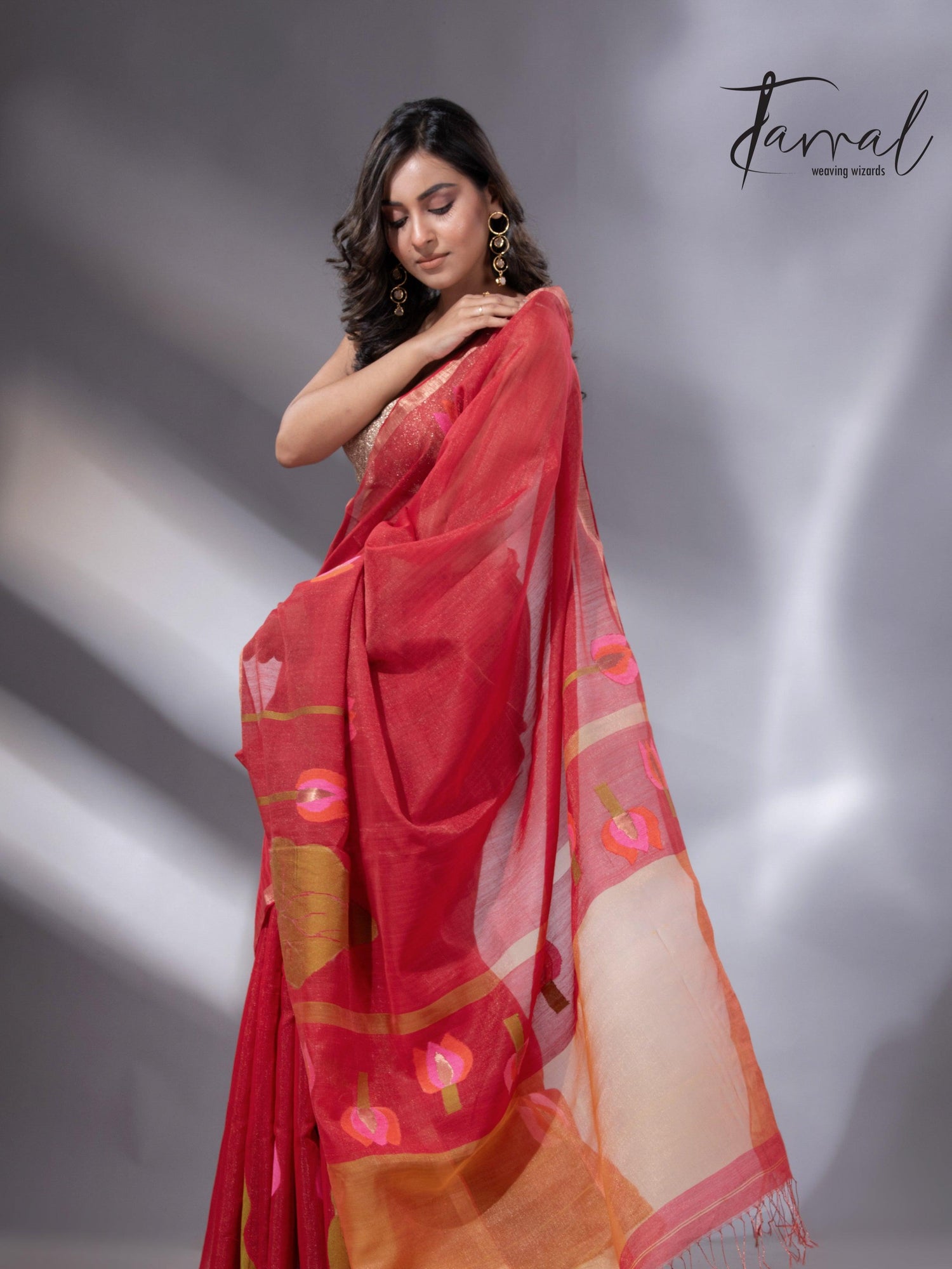 Red with zari border tissue silk linen lotus handwoven jamdani saree - Tamal Boutique