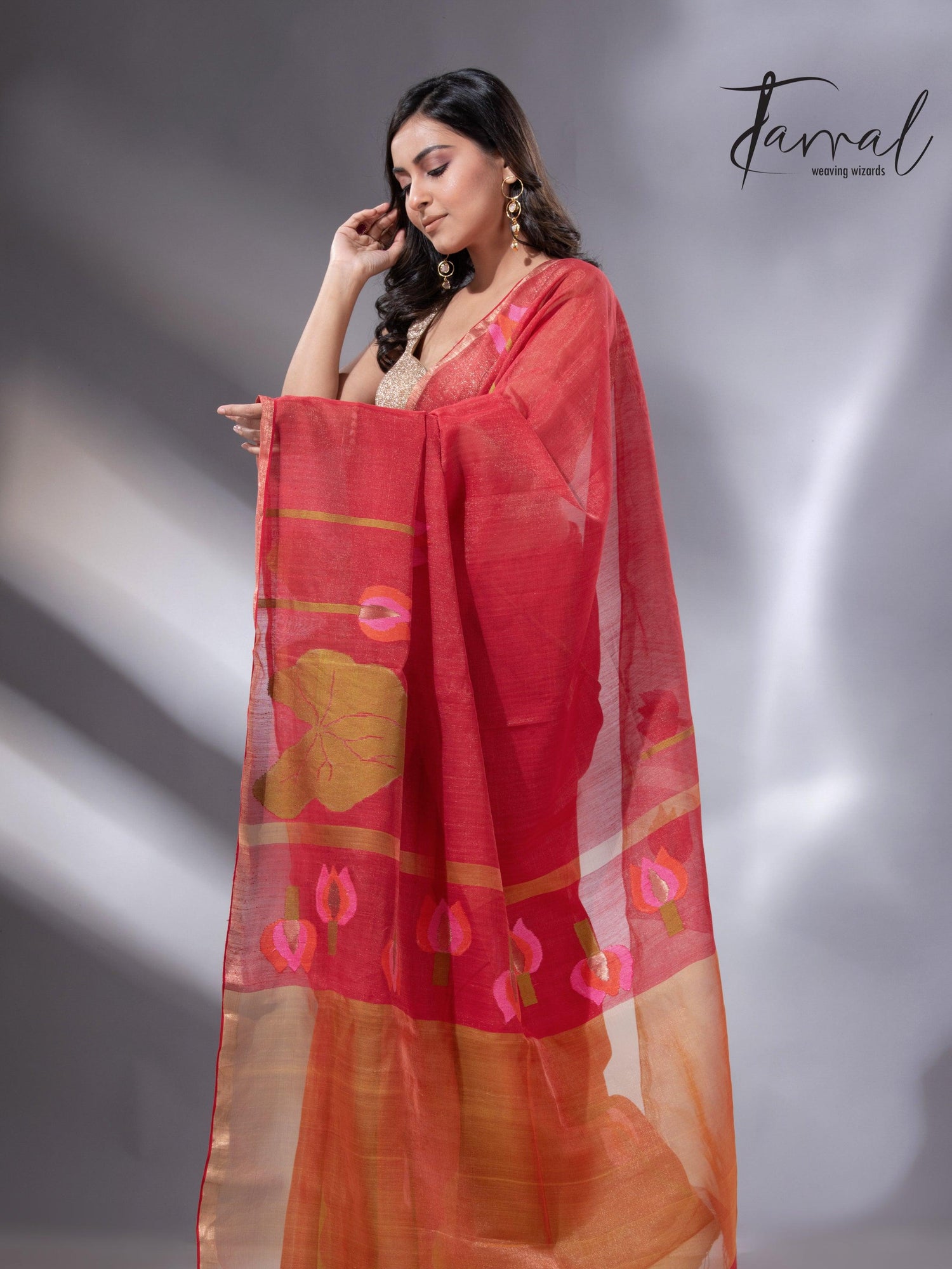 Red with zari border tissue silk linen lotus handwoven jamdani saree - Tamal Boutique