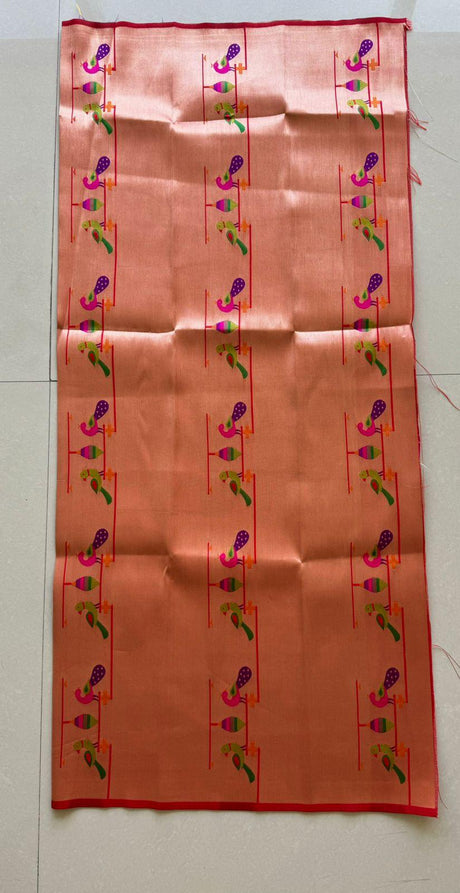 Red border paithani handloom blouse piece - Tamal Boutique