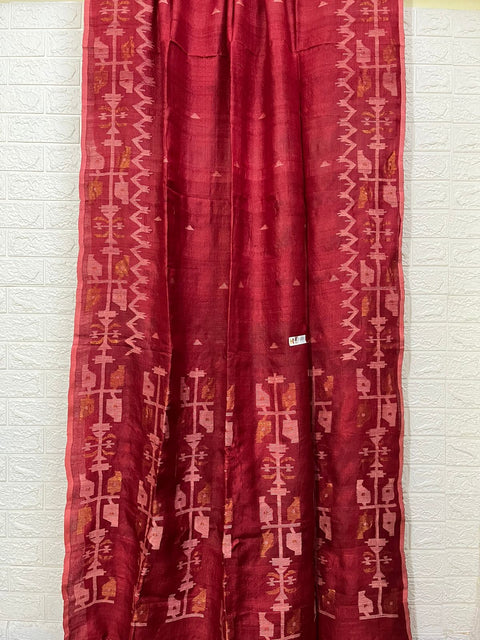 Red colour traditional Tussar silk handwoven jamdani saree