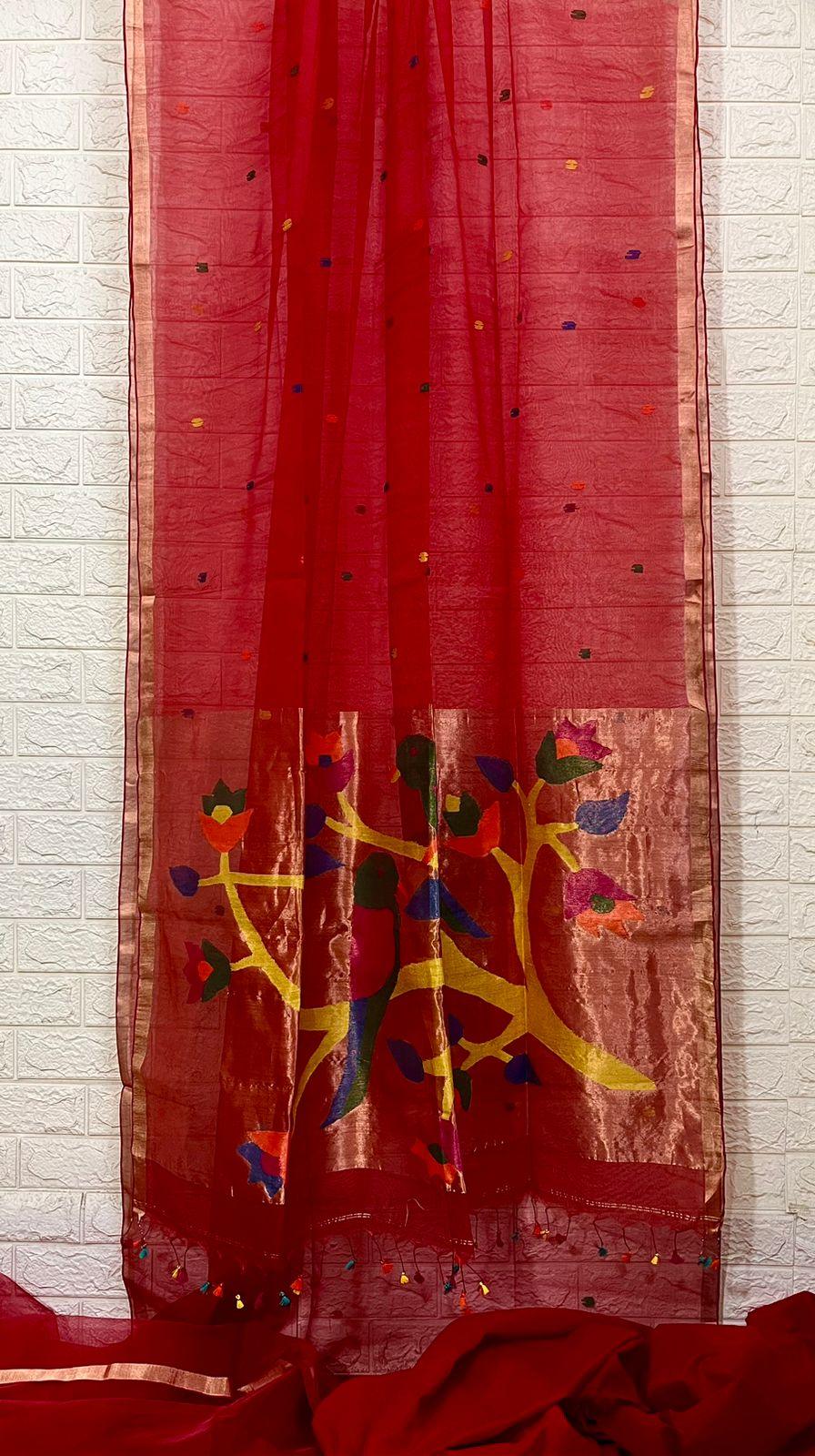 Red colour with zari border love bird pure organza silk paithani handwoven jamdani saree - Tamal Boutique