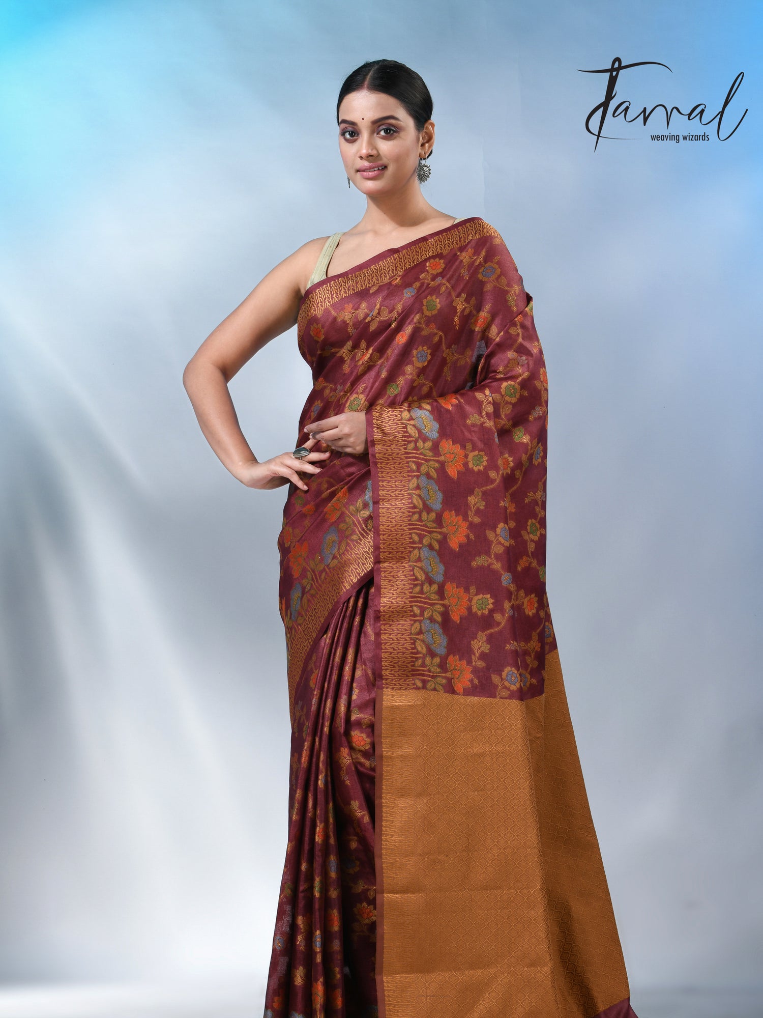 Reddish brown allover handloom tussar banarasi silk saree