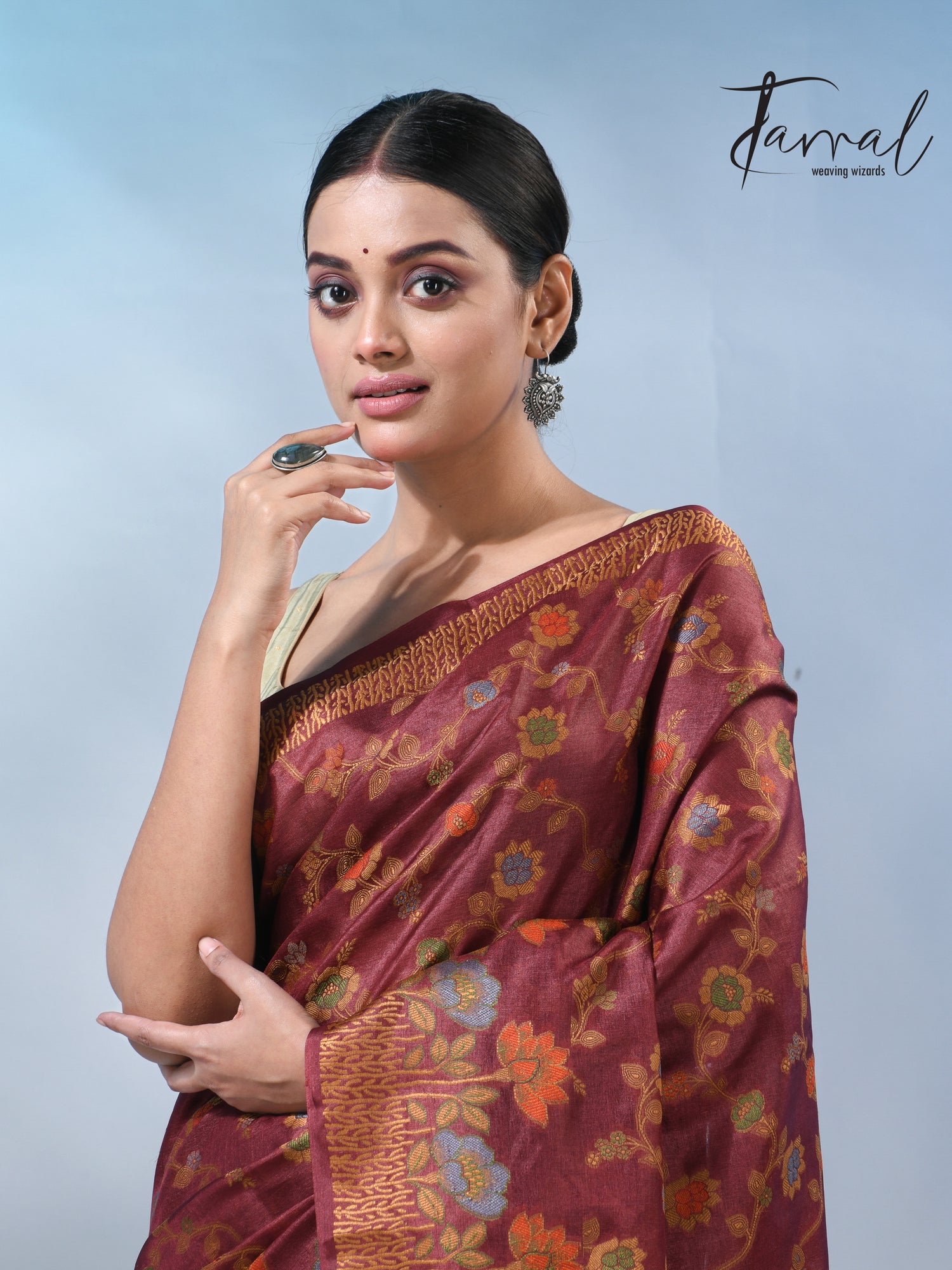 Reddish brown allover handloom tussar banarasi silk saree