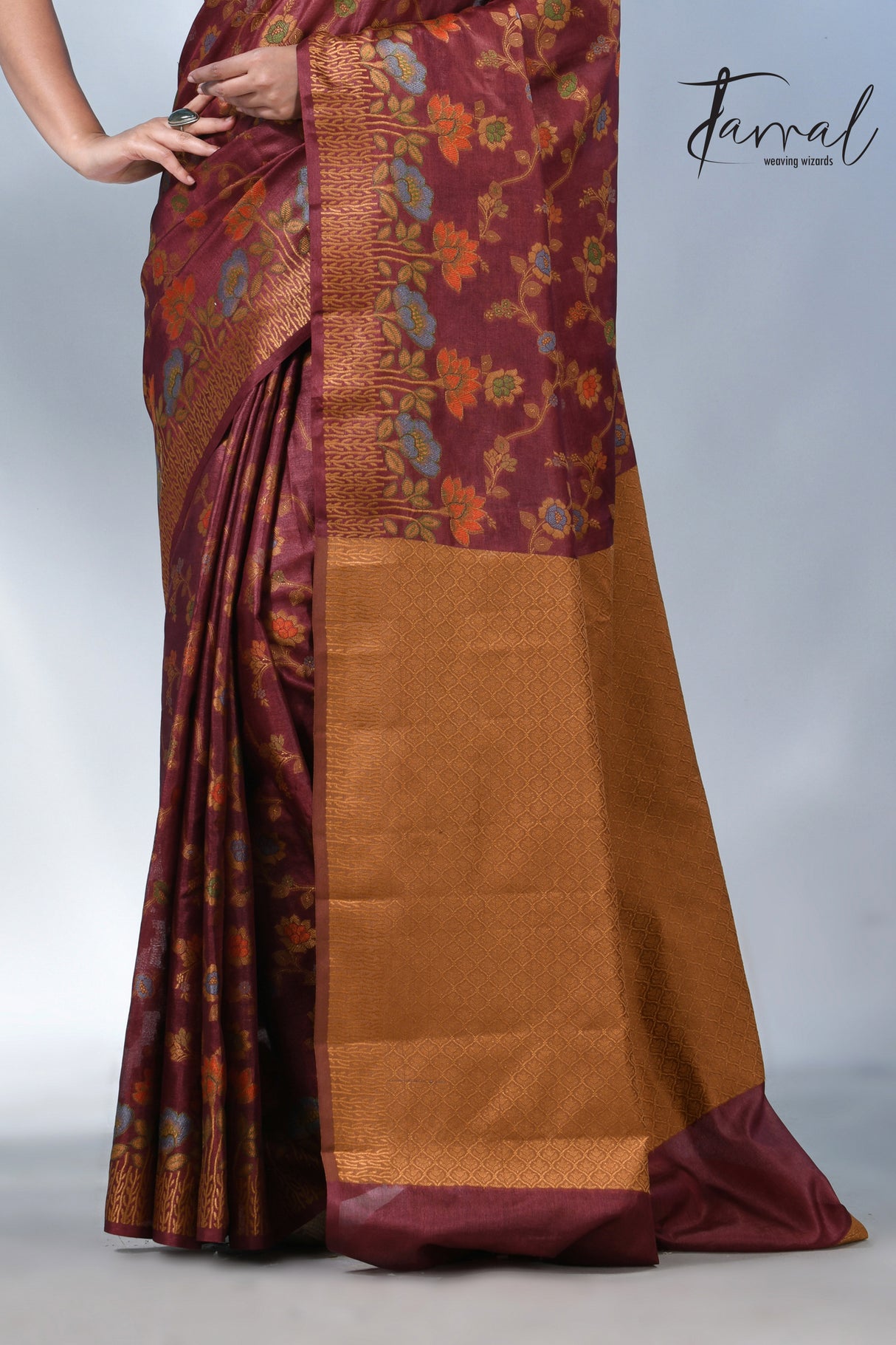 Reddish brown allover handloom tussar banarasi silk saree