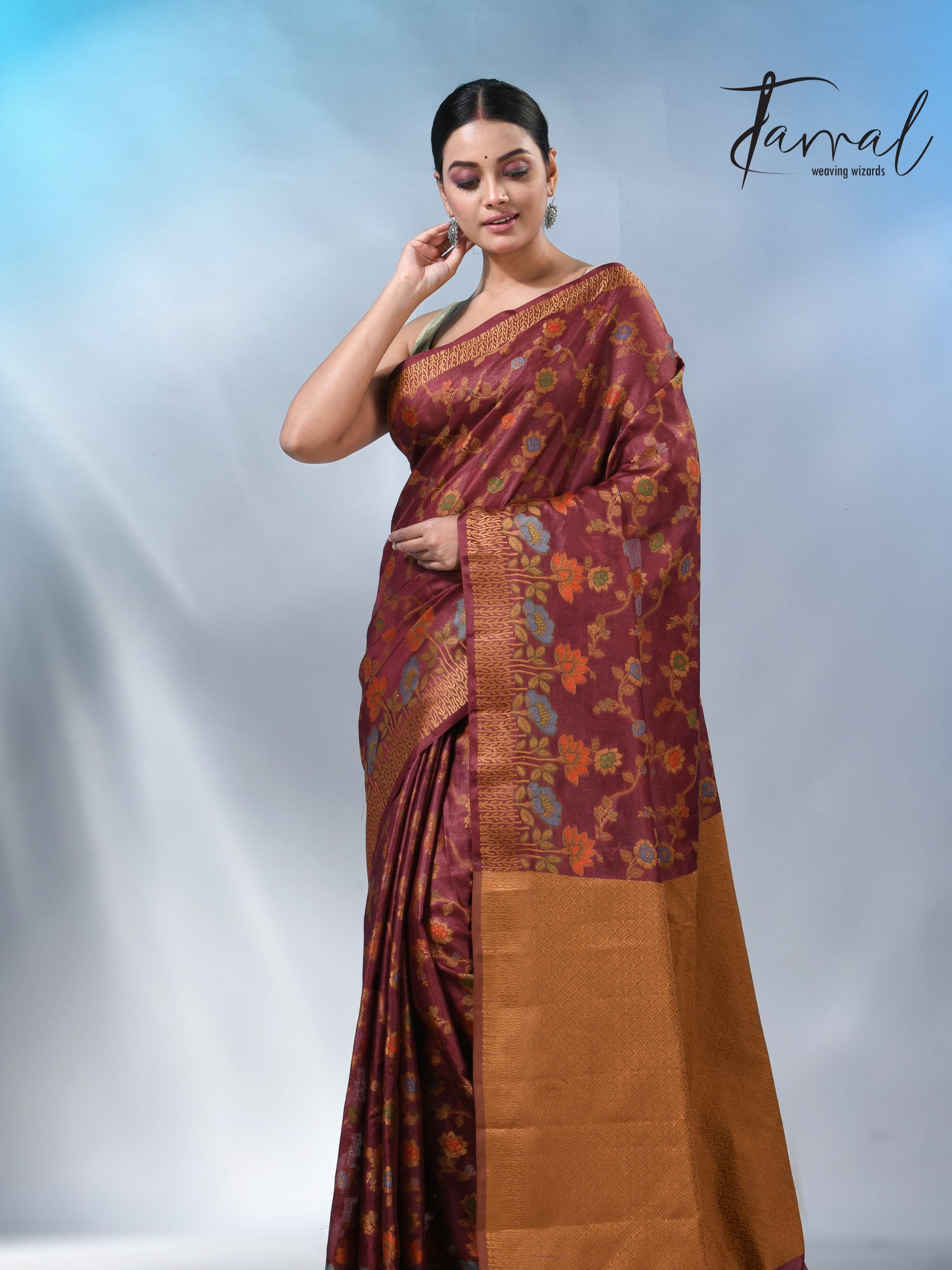 Reddish brown allover handloom tussar banarasi silk saree