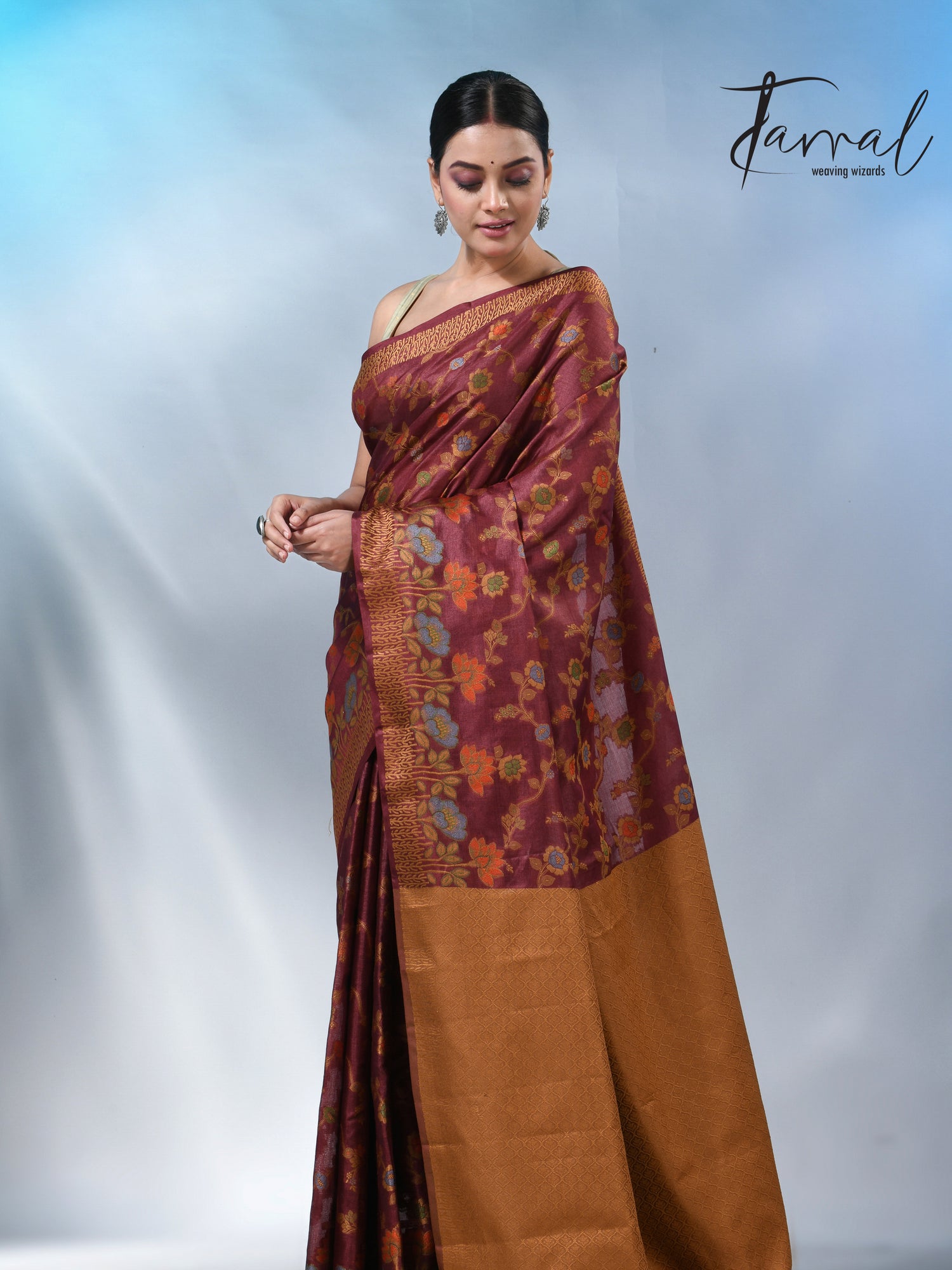 Reddish brown allover handloom tussar banarasi silk saree